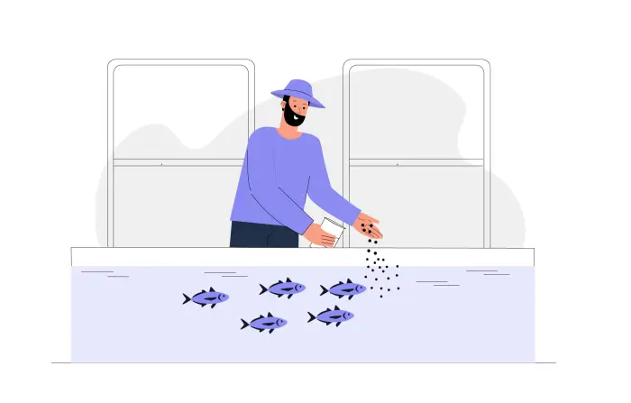 A Farmer Throwing Food into a Pool Fish Feeding Flat Character Illustration image